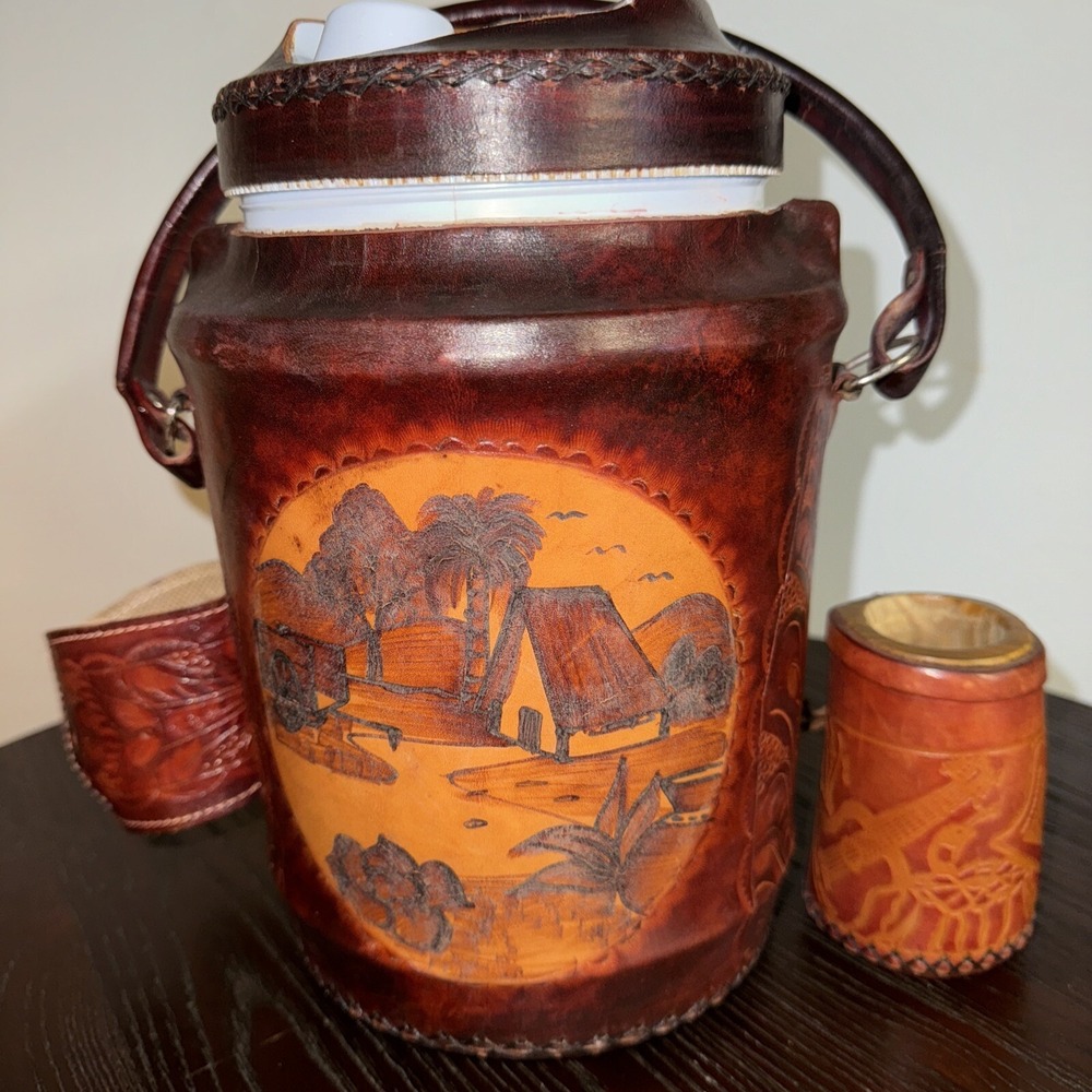 Hand tooled leather Prince Water Jug with side cup holder, extra side wooden cup
